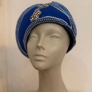 Vintage Church hat beret crown style royal blue wool beaded rhinestones sz 7 1/8